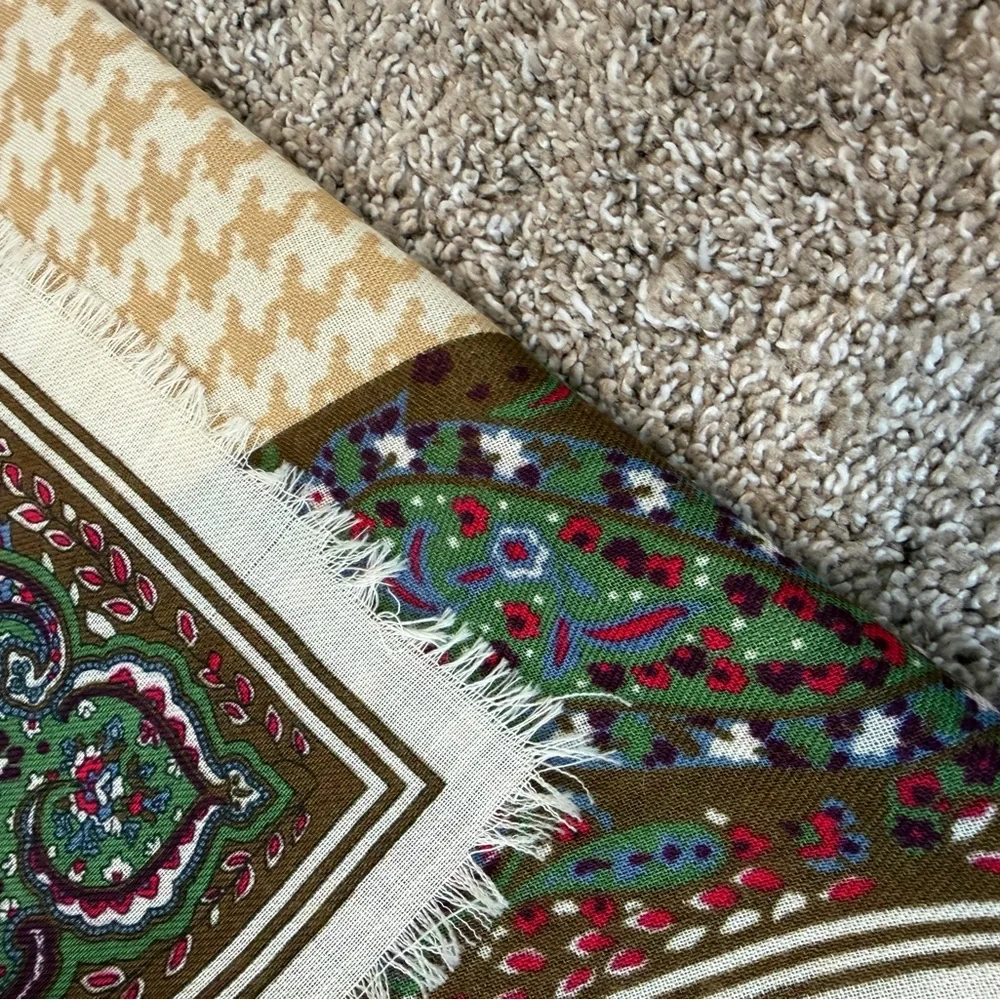 YSL Vintage Houndstooth Paisley Square Scarf Tan Cream Brown Green Red FLAWS